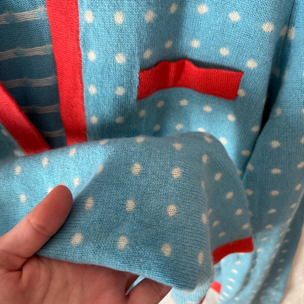 J. McLaughlin 100% Cashmere Dottie Seabreeze Cardigan Blue & Coral polka dot - Picture 4 of 5